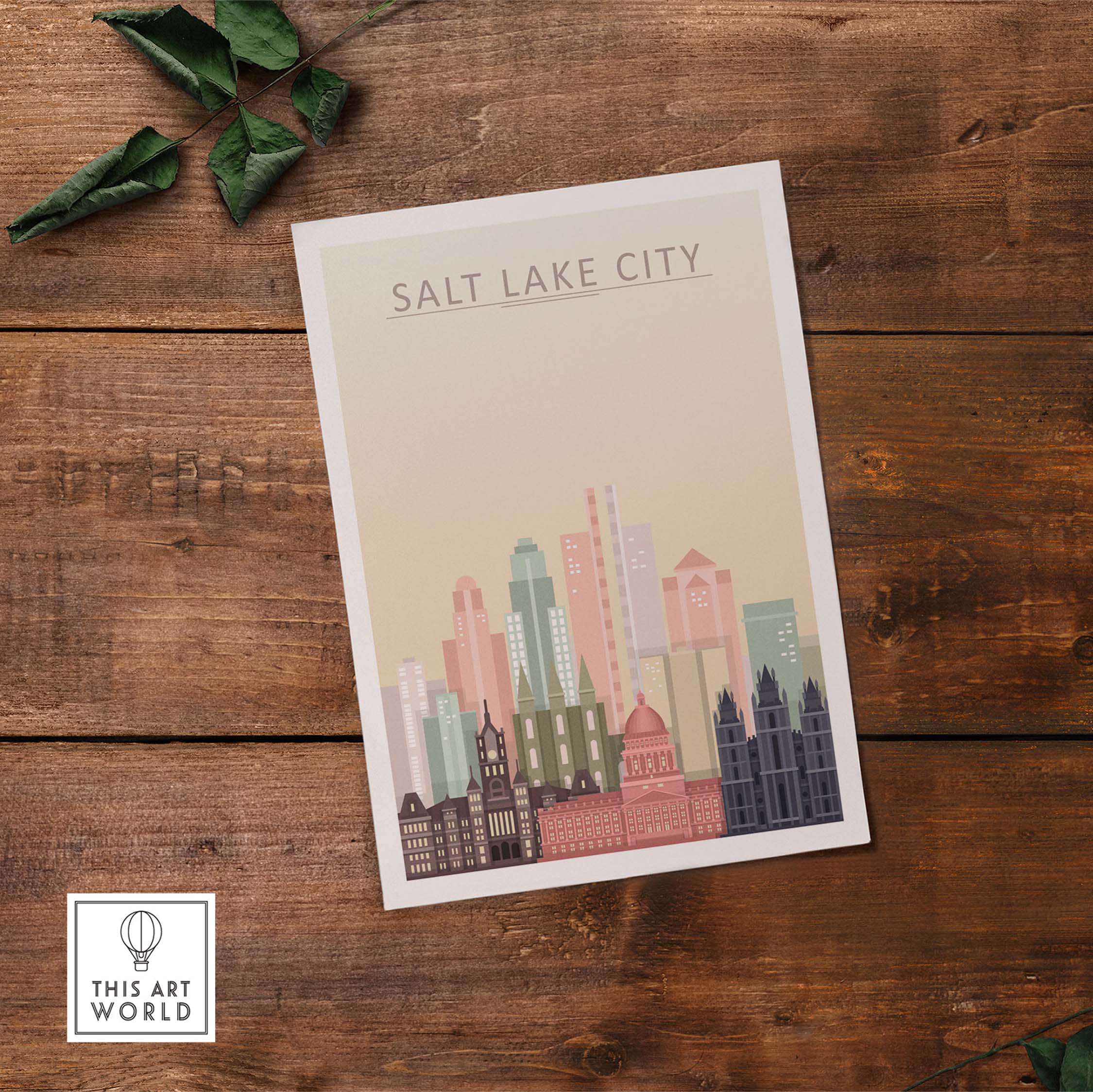 Salt Lake City skyline wall art print in pastel tones on a wooden background.