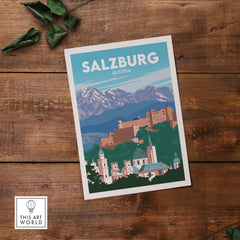 Salzburg travel poster print showcasing a minimalist design of Austria's landscapes and architecture.