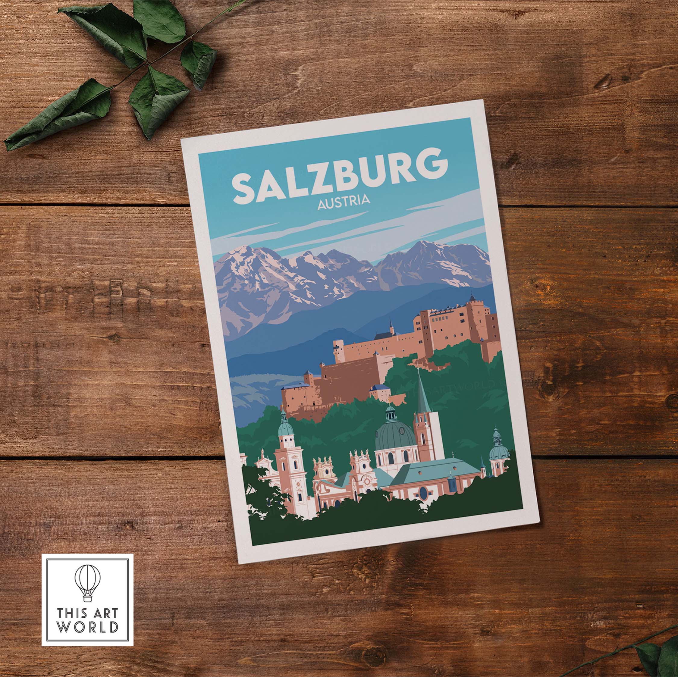 Salzburg travel poster print showcasing a minimalist design of Austria's landscapes and architecture.