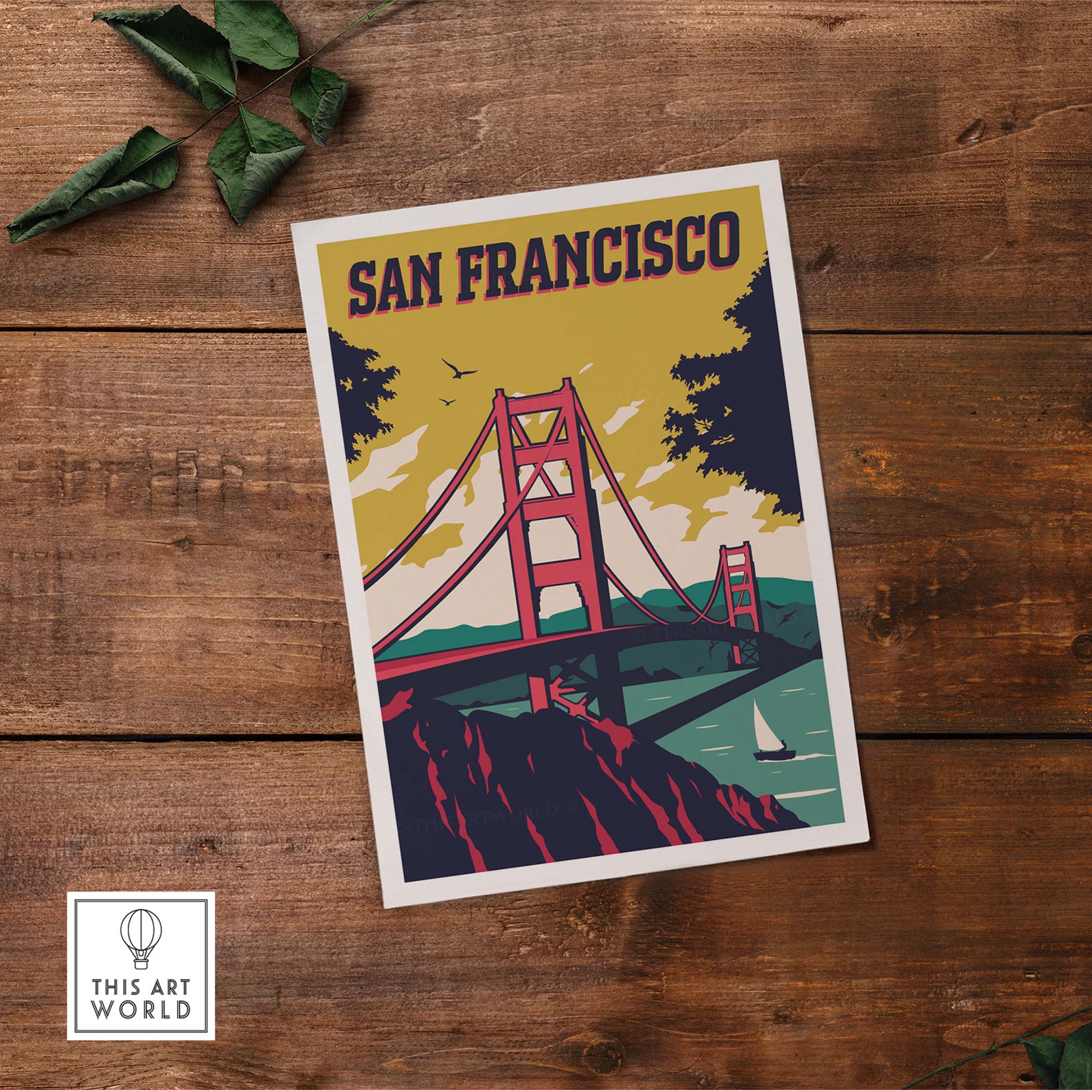 San Francisco poster wall art print featuring the Golden Gate Bridge, vintage style with vibrant colors.