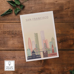 San Francisco City Skyline Print featuring iconic Golden Gate Bridge in warm pastel tones.