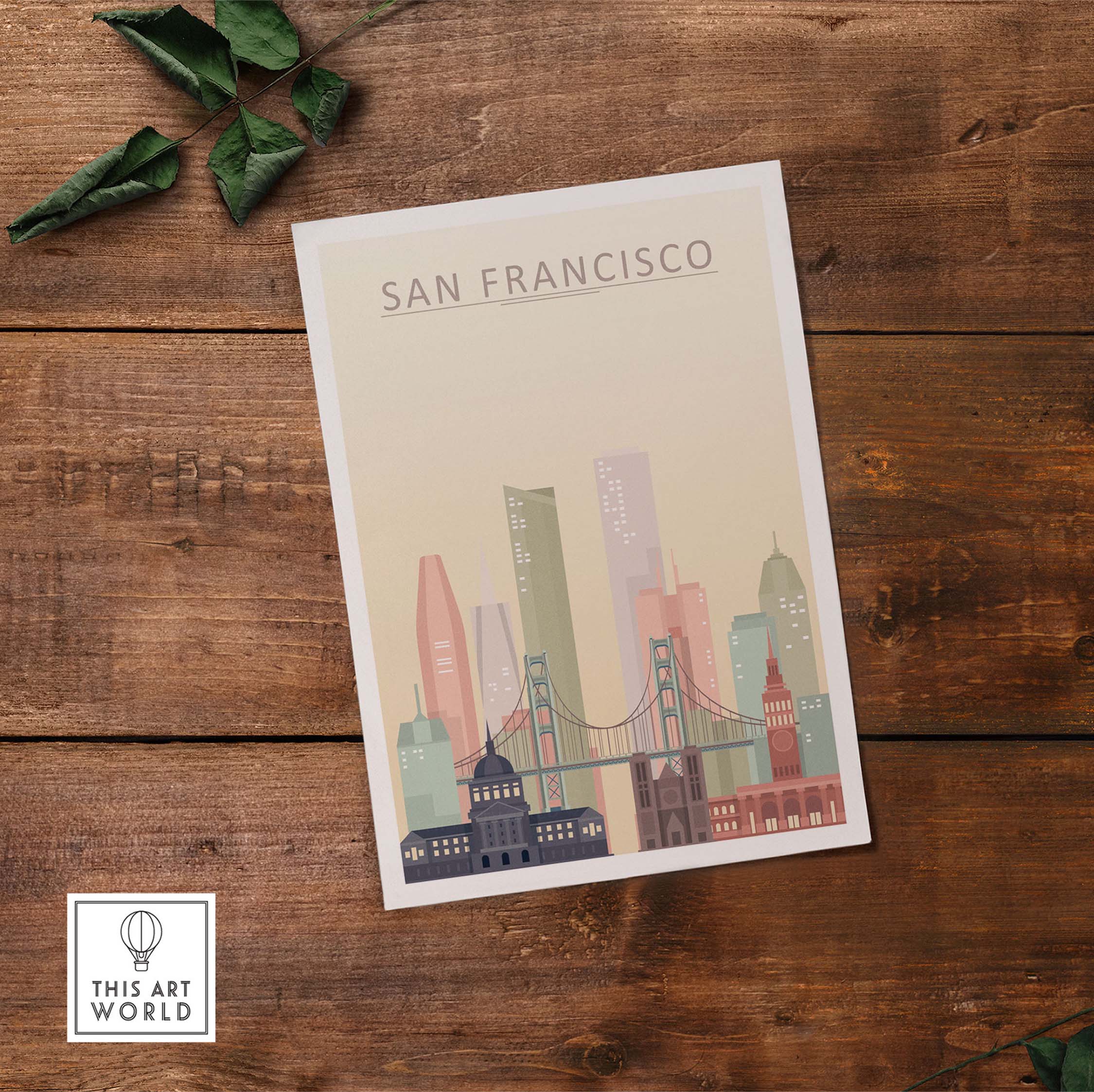 San Francisco City Skyline Print featuring iconic Golden Gate Bridge in warm pastel tones.