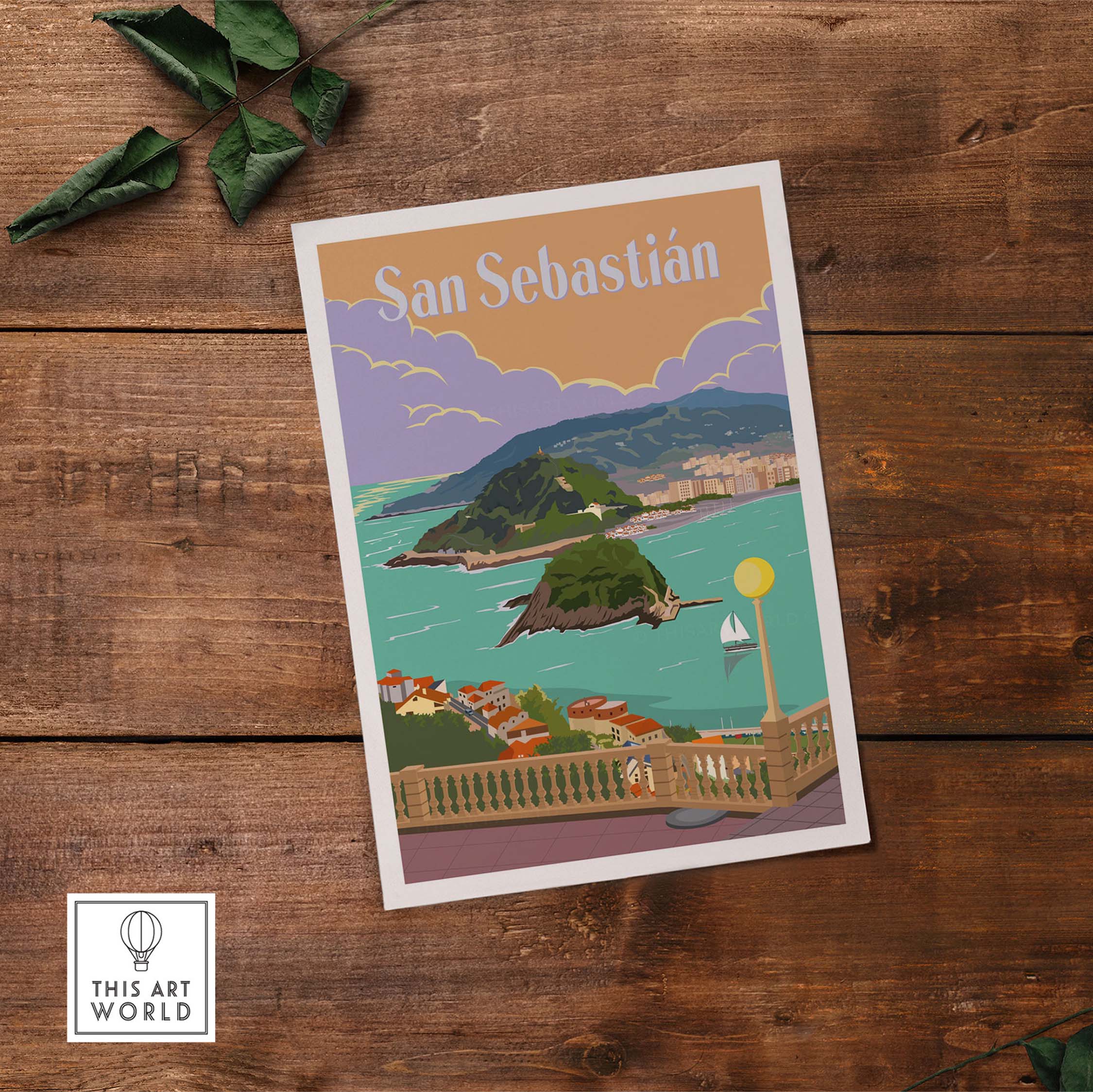 San Sebastian Spain poster print featuring coastal views and vintage design, perfect for home or office decor.