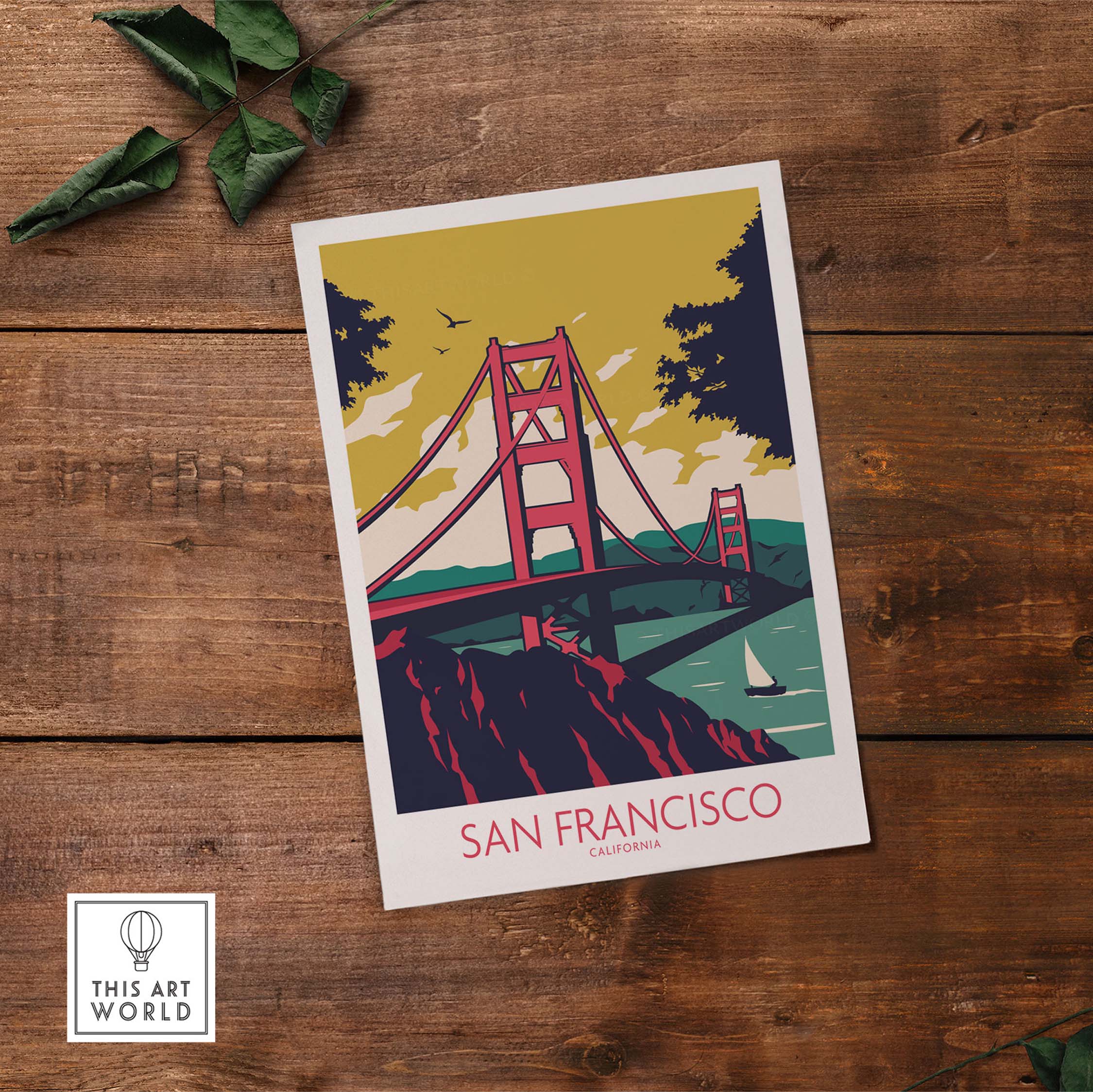San Francisco Poster Print featuring Golden Gate Bridge, vintage style travel art for home or office decor.