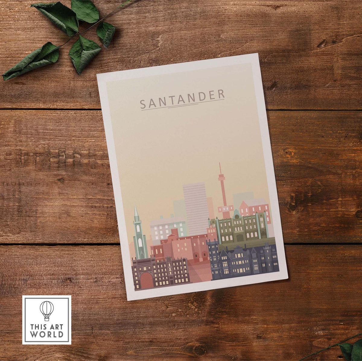 Santander city skyline wall art print in pastel tones, showcasing architectural beauty on a wooden background.