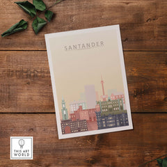 Santander city skyline wall art print in pastel tones, showcasing architectural beauty on a wooden background.