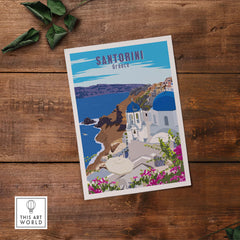 Santorini poster print featuring blue domes and coastal views, ideal wall art for travel enthusiasts.