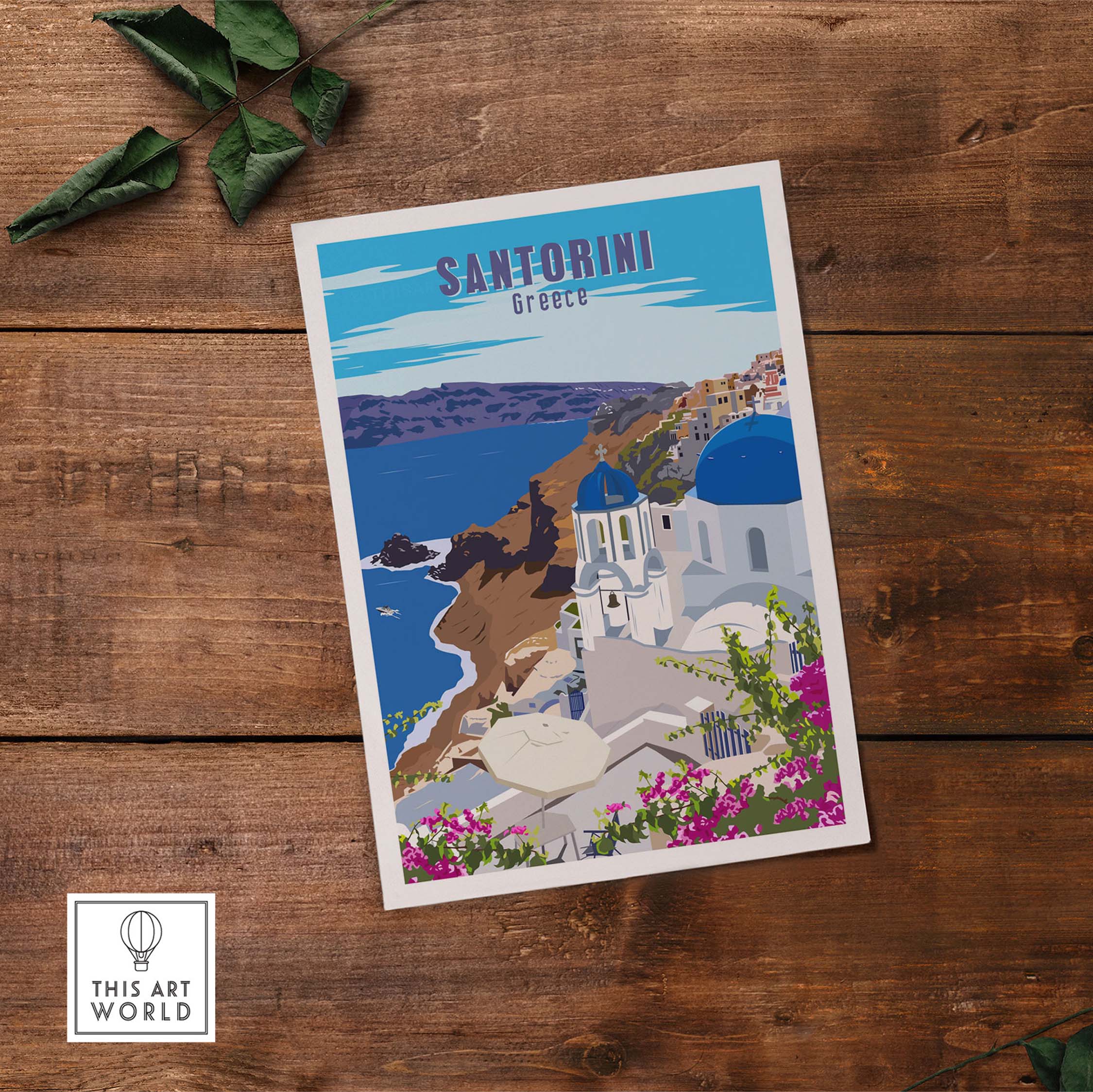 Santorini poster print featuring blue domes and coastal views, ideal wall art for travel enthusiasts.