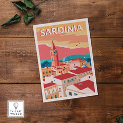 Sardinia Poster Print depicting colorful coastal scenery, perfect for travel and nature lovers.