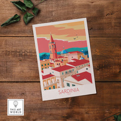 Sardinia print travel poster featuring vibrant colors and retro design inspired by Italy's landscapes.