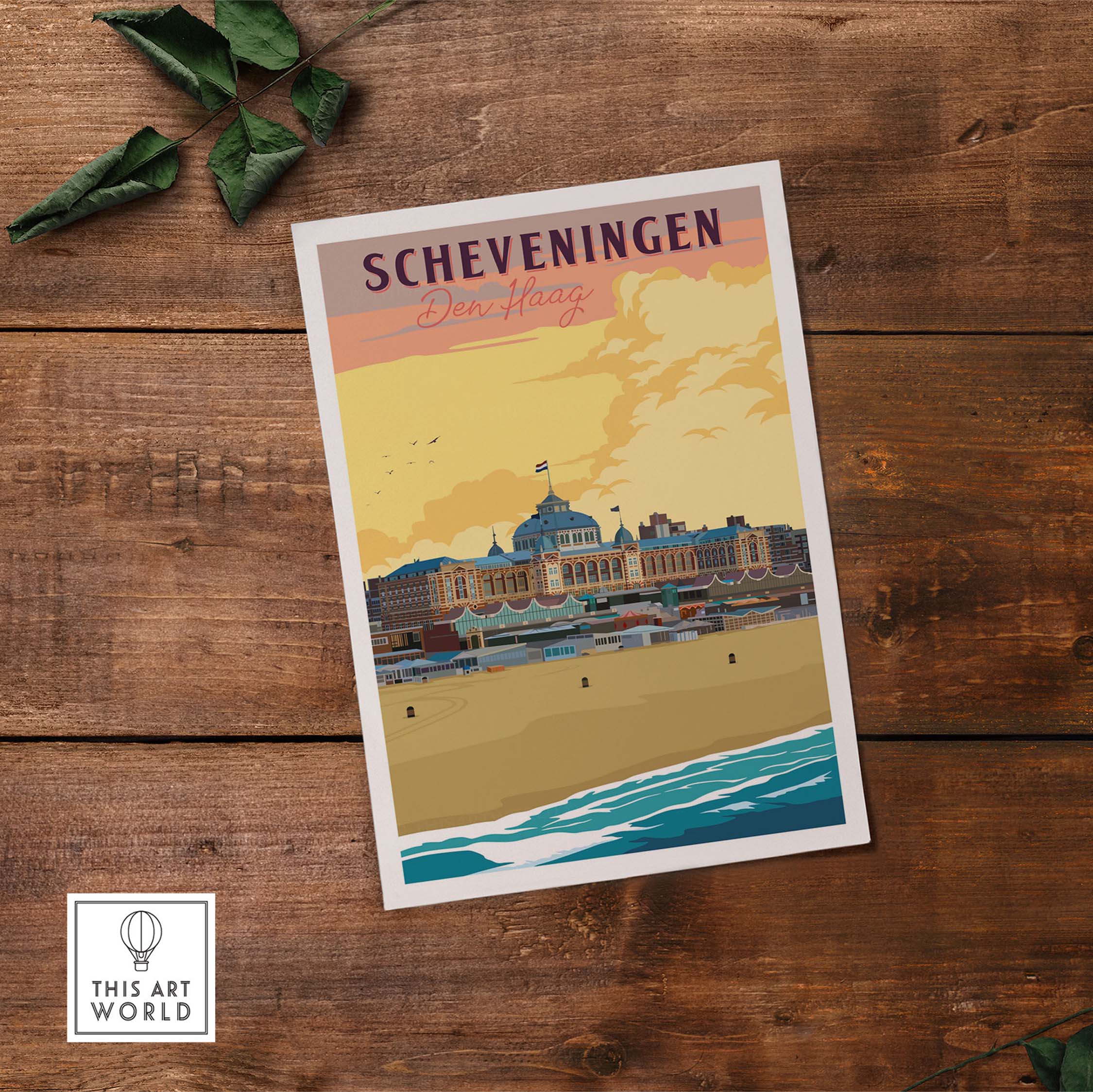 Vintage Scheveningen poster of Den Haag, capturing beach vibes with artisanal design for home or office decor.