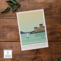 Scottish Highlands art print featuring a serene landscape and vintage-inspired design, perfect for home or office decor.