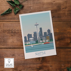 Seattle poster print featuring the iconic Space Needle and skyline, perfect for travel-inspired wall art.