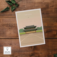 Seoul Poster Print showcasing historic architecture, perfect for home or office decor with a vintage travel aesthetic.