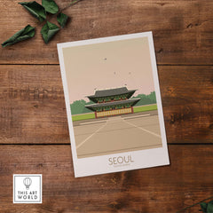Stylish Seoul South Korea travel poster showcasing traditional architecture, perfect for home or office decor.