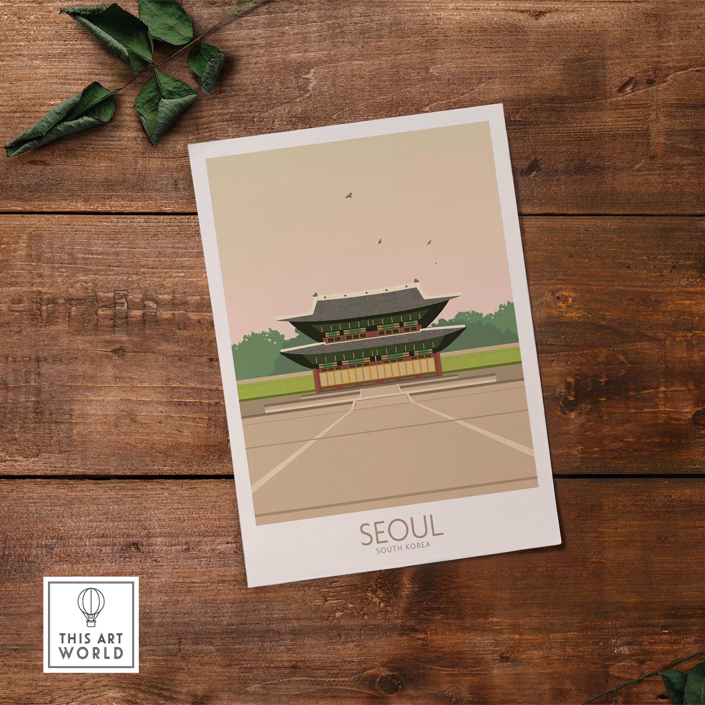 Stylish Seoul South Korea travel poster showcasing traditional architecture, perfect for home or office decor.