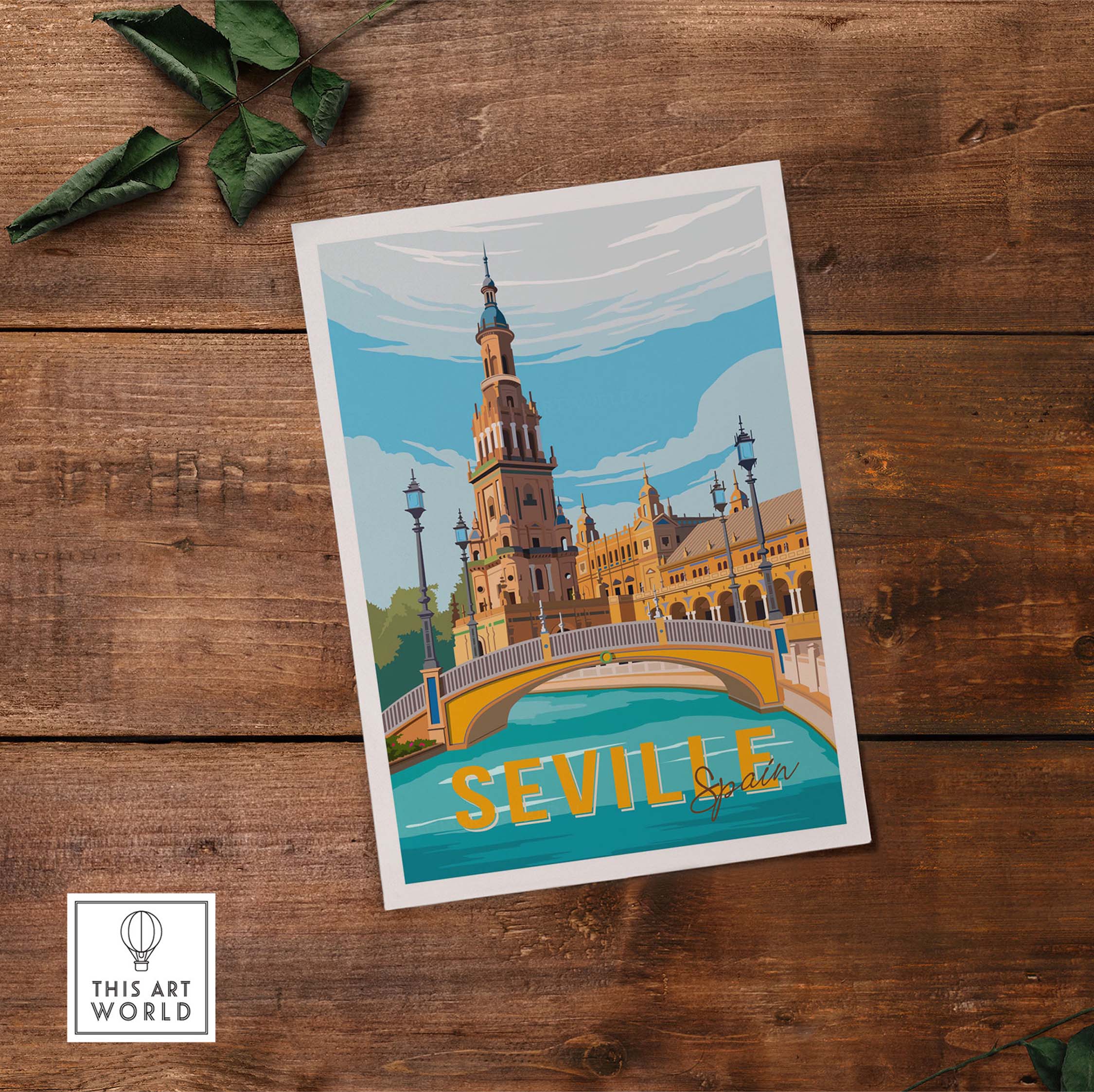 Seville vintage travel poster art print featuring a scenic bridge and landmark architecture.