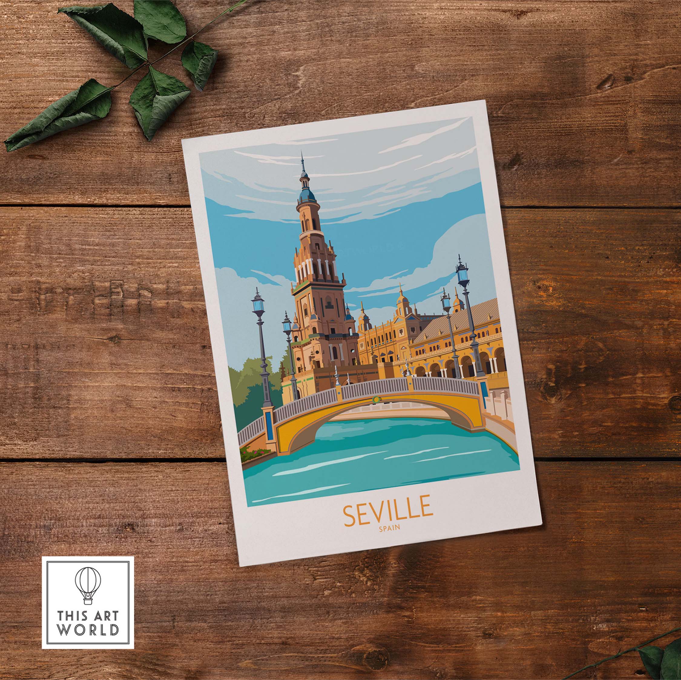 Seville Poster Travel Print featuring the iconic architecture and bridge of Seville, Spain, in a vintage-style design.