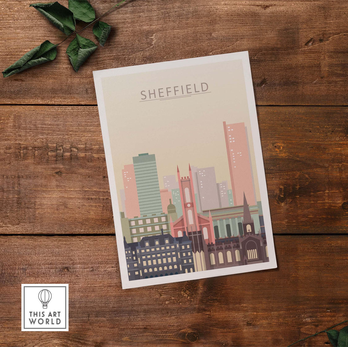 Sheffield Print City Skyline Poster in warm pastel tones, showcasing iconic architecture and city landmarks.