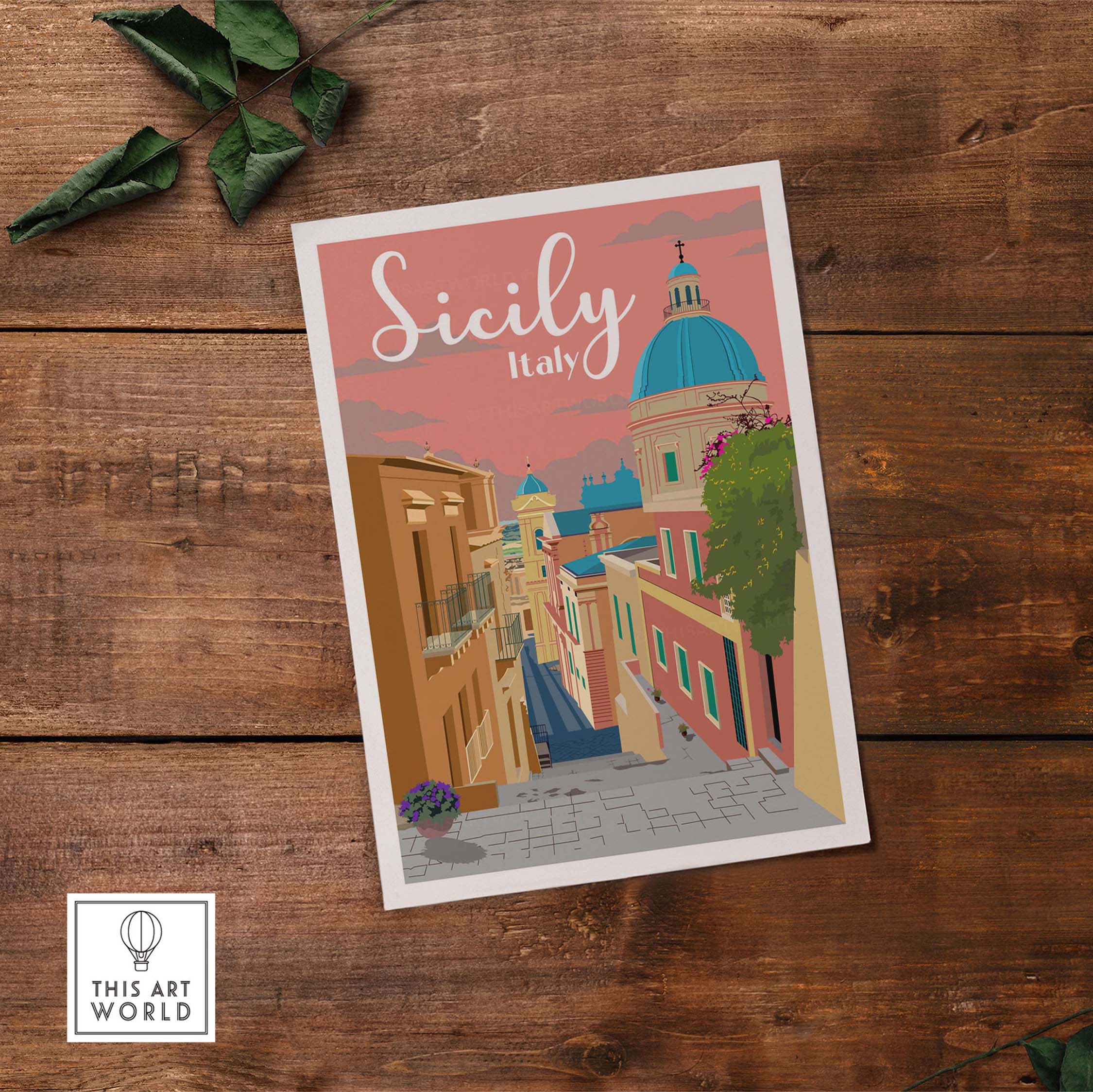Sicily Print Italy Poster featuring vintage-style artwork of Italian streets, perfect for home or office decor.