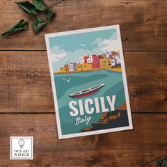 Sicily Poster Wall Art Print featuring a colorful vintage design inspired by Italy's landscapes.