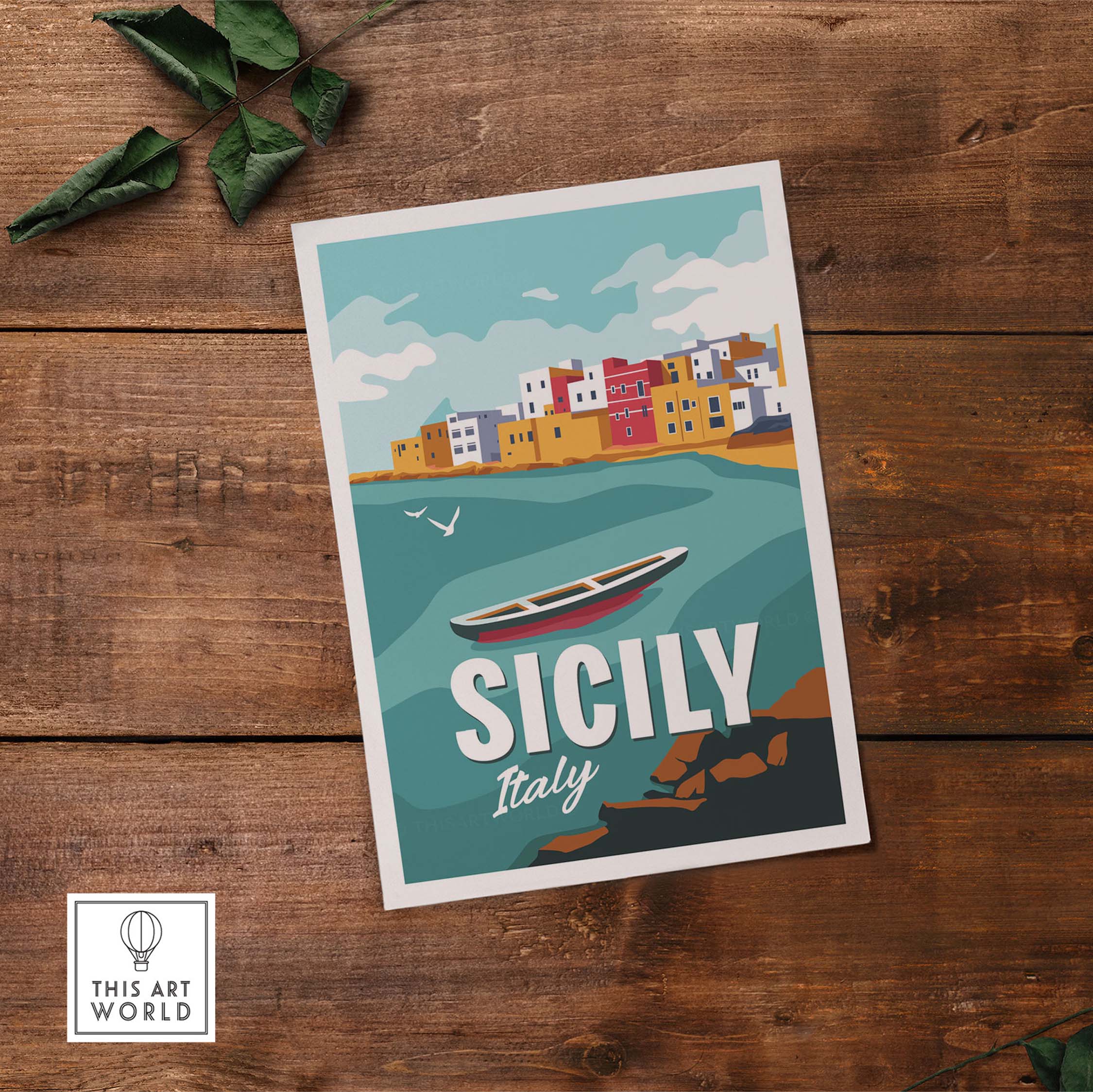 Sicily Poster Wall Art Print featuring a colorful vintage design inspired by Italy's landscapes.