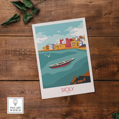 Sicily travel art print featuring a colorful coastal scene with a boat and vibrant buildings.