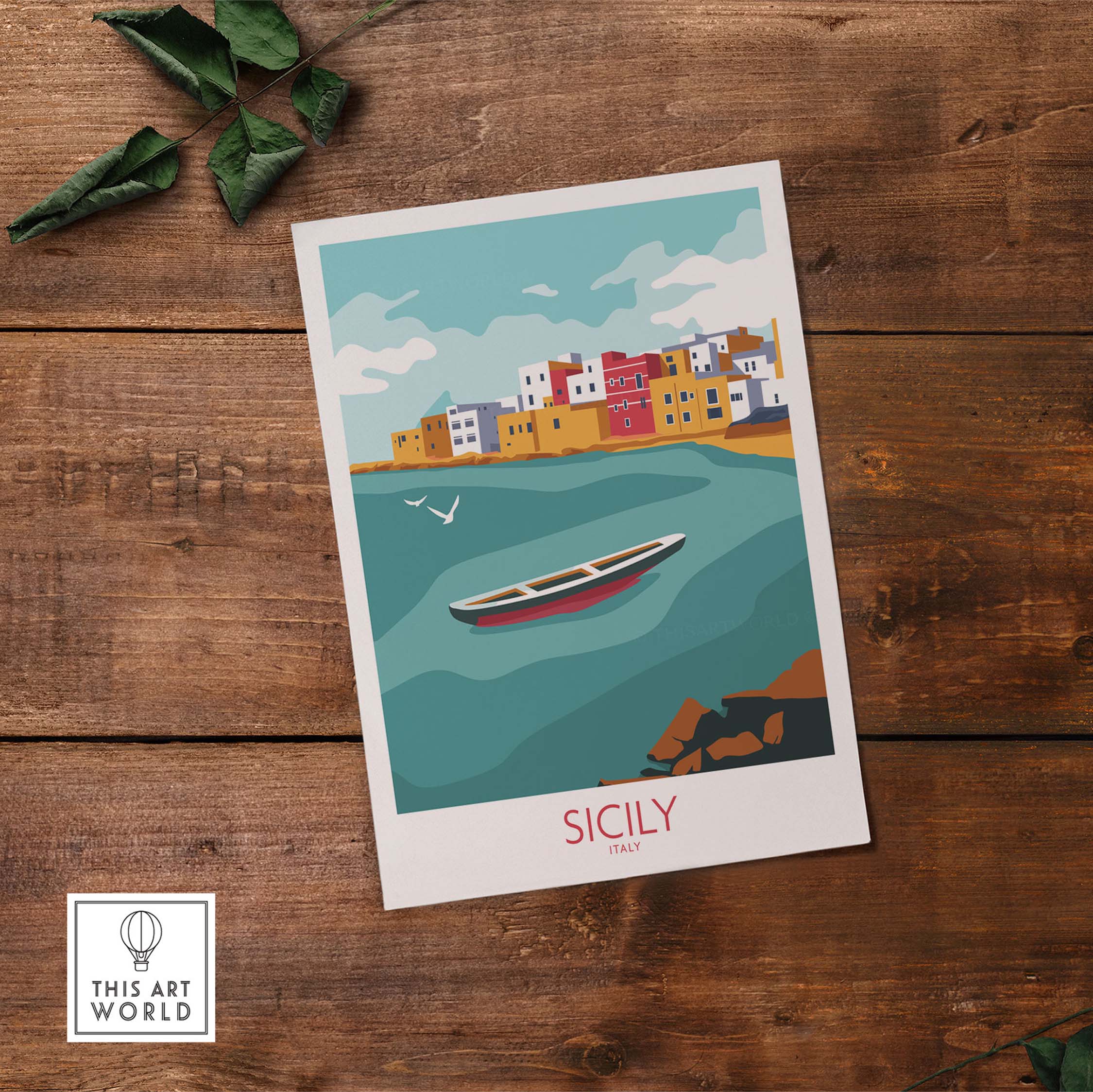Sicily travel art print featuring a colorful coastal scene with a boat and vibrant buildings.
