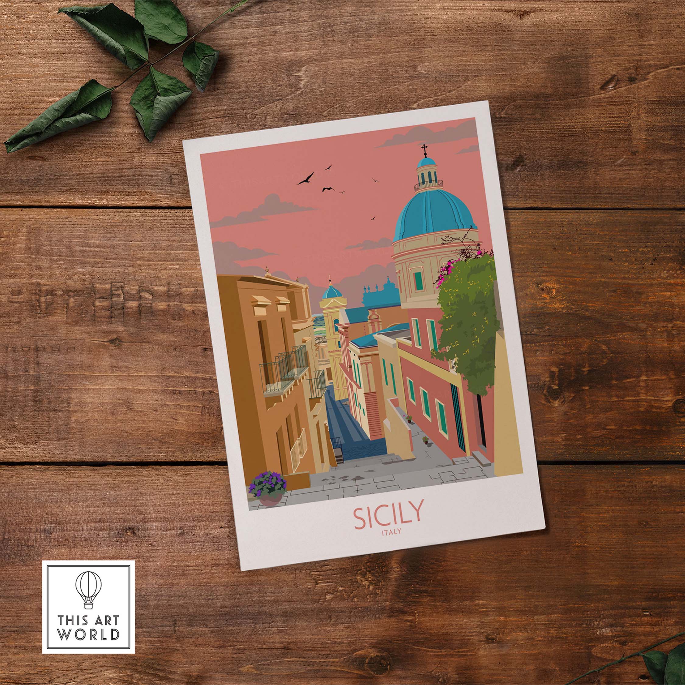 Sicily poster wall art print featuring vibrant streets and dome under a pink sky, ideal for home decor.