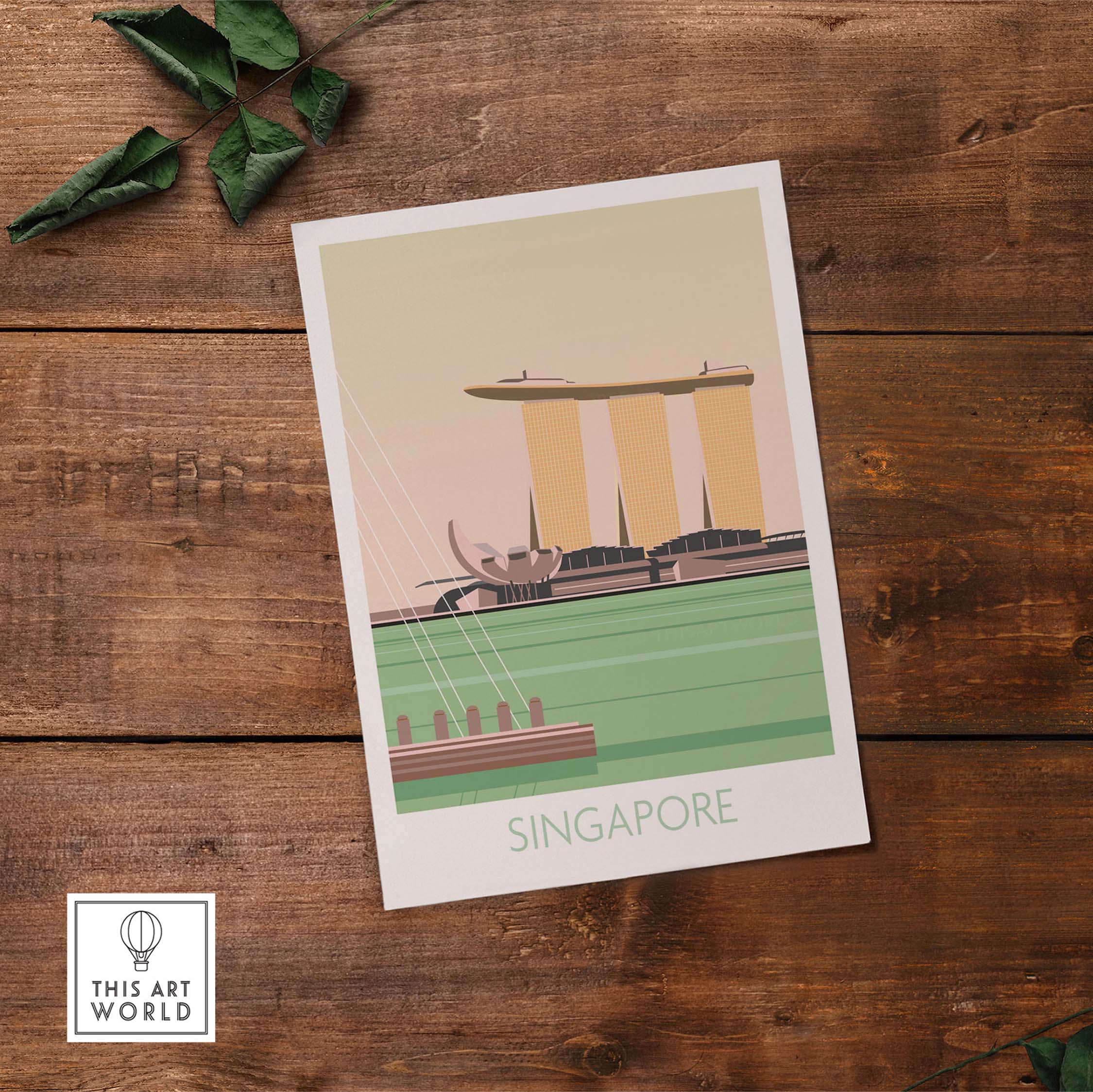 Retro Singapore travel poster featuring iconic skyline, perfect for home or office decor.