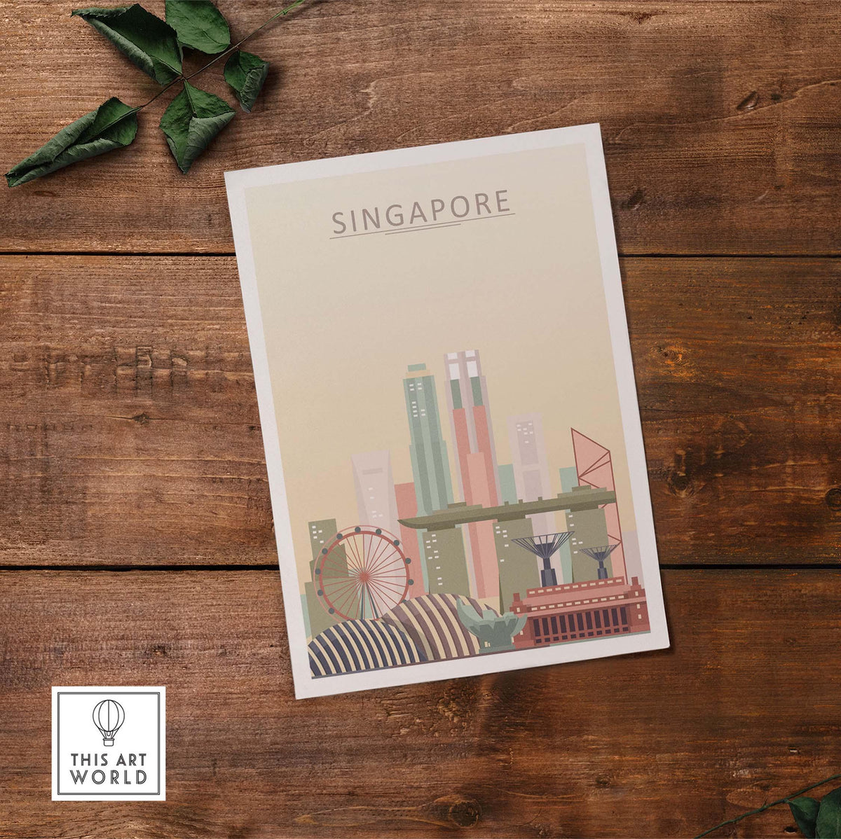 Singapore Skyline Print in pastel tones, showcasing iconic architecture for stylish wall art.