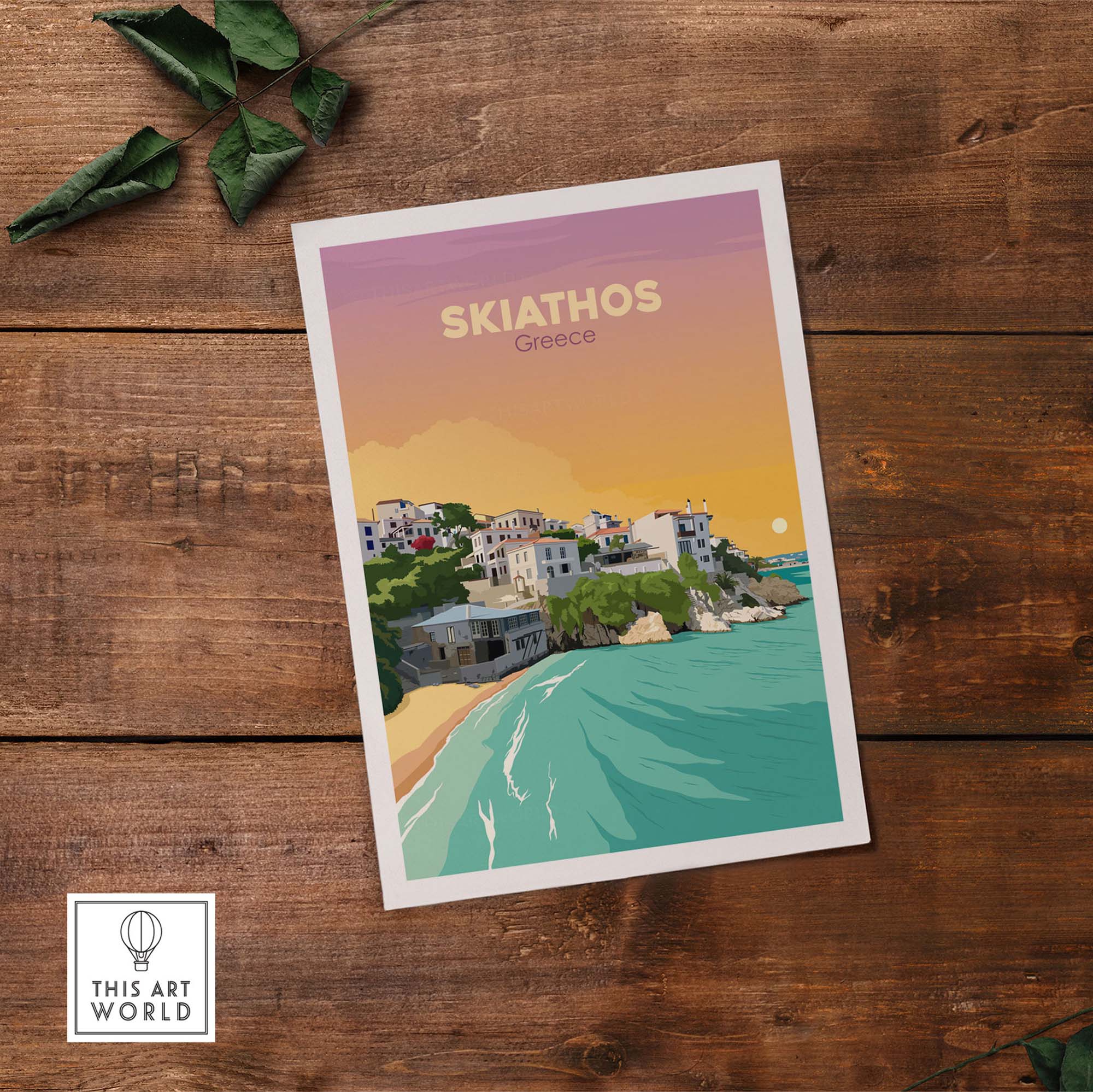 Skiathos travel poster print showcasing a minimalist design of Greece's coastline and buildings.