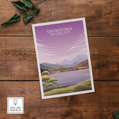 Snowdonia National Park poster in minimalist style on wooden background, showcasing nature and outdoor beauty.