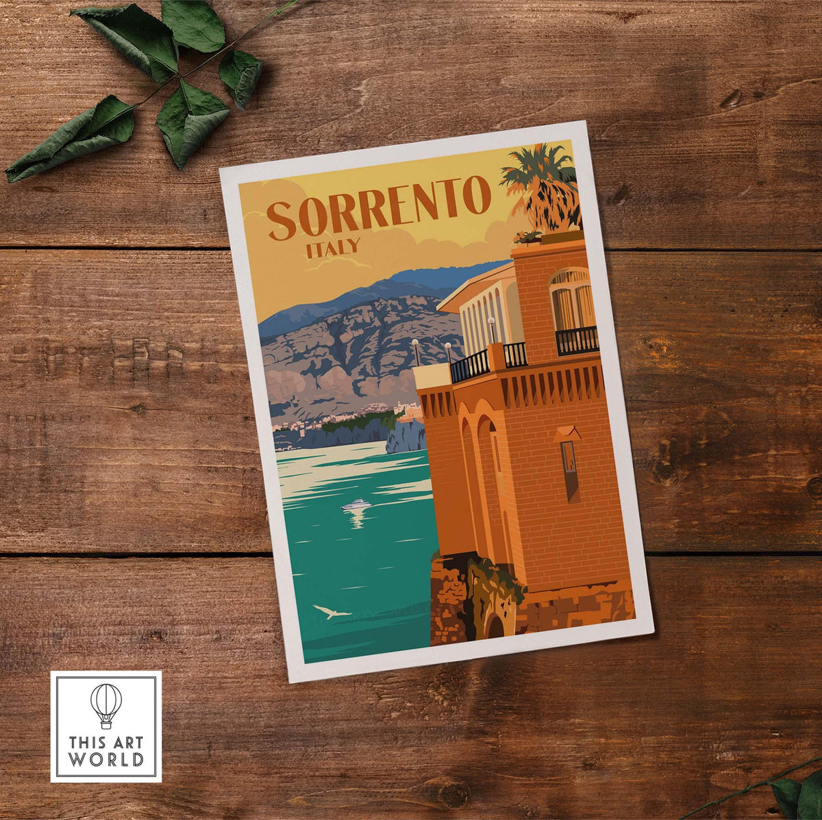 Sorrento Poster Print Wall Art featuring a vintage Italian seaside view and lush palm trees.