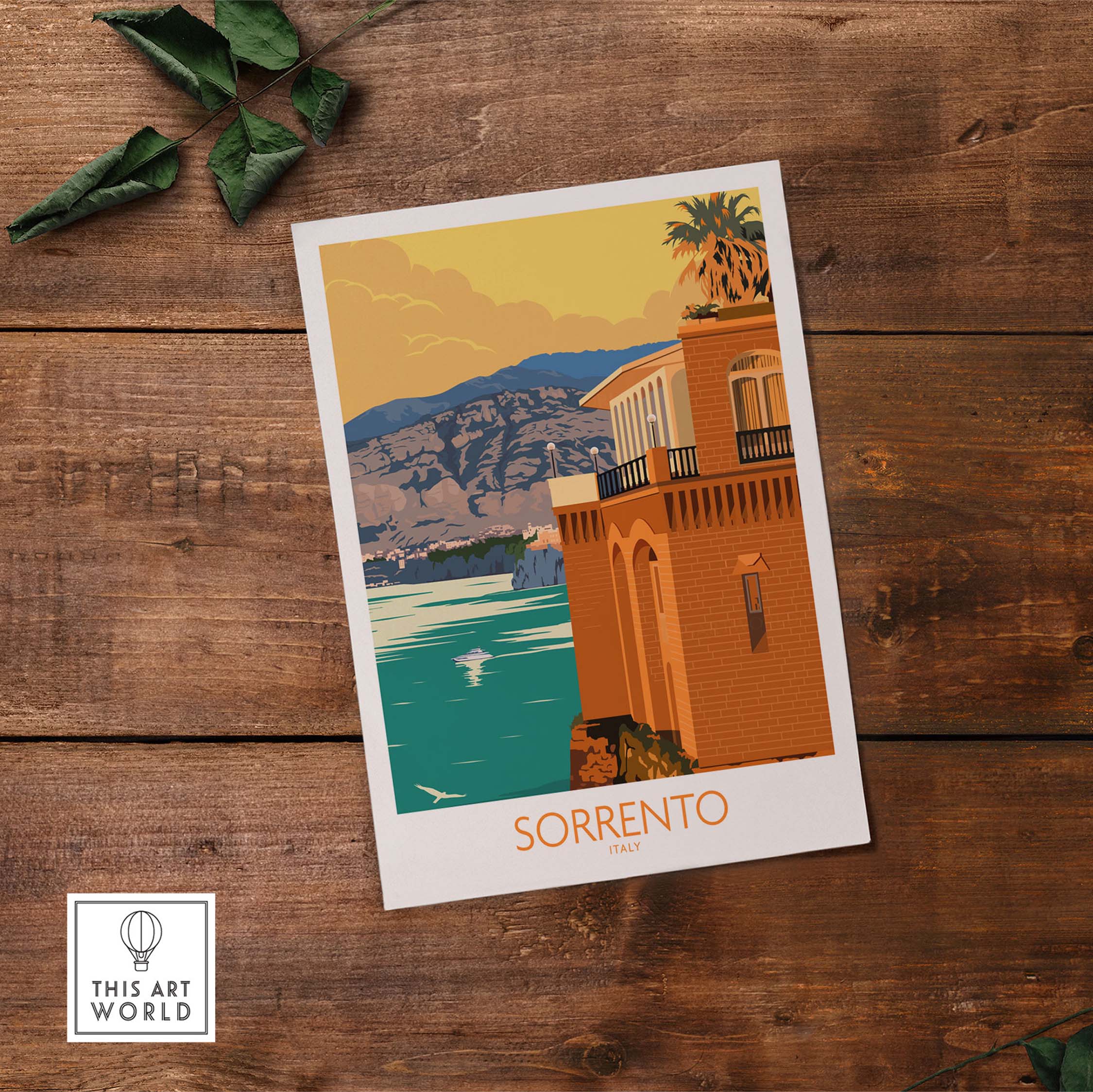 Vintage Sorrento poster print featuring coastal view of Italy, perfect for travel art lovers.