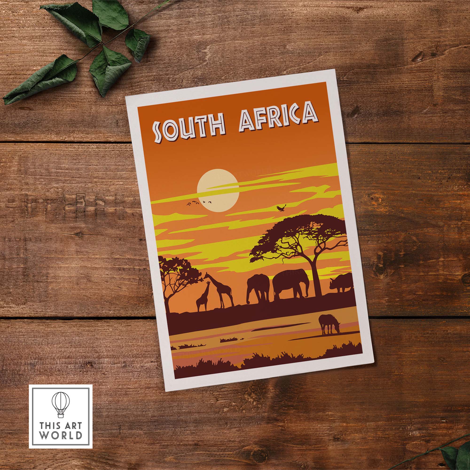 Vintage style South Africa poster featuring elephants and giraffes at sunset, perfect for home decor.