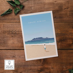 South Africa travel poster print featuring a minimalist beach scene and a person walking on sand.
