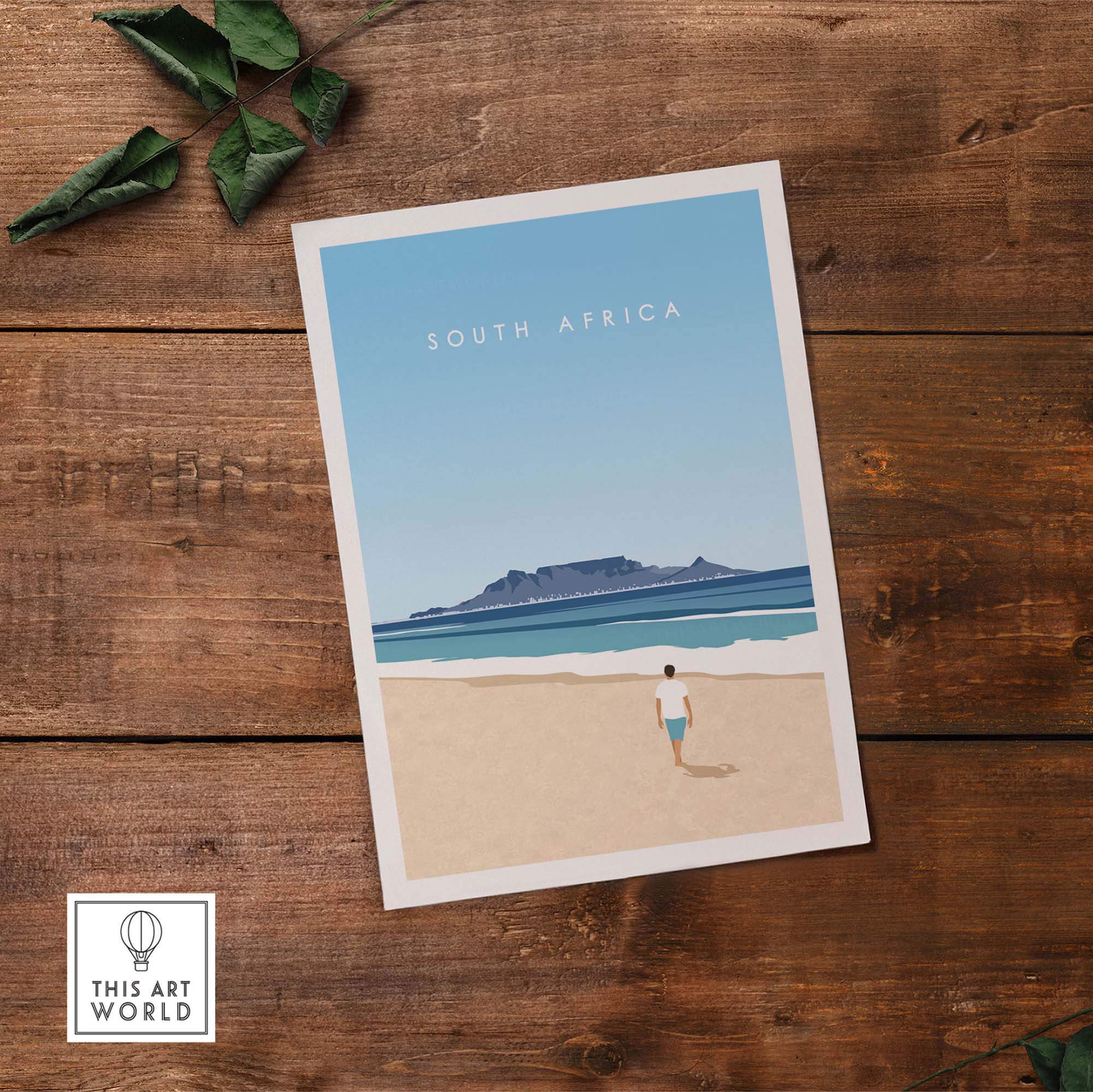 South Africa travel poster print featuring a minimalist beach scene and a person walking on sand.