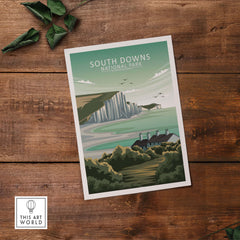 South Downs National Park poster featuring cliffs, sea, and greenery in a minimalist design