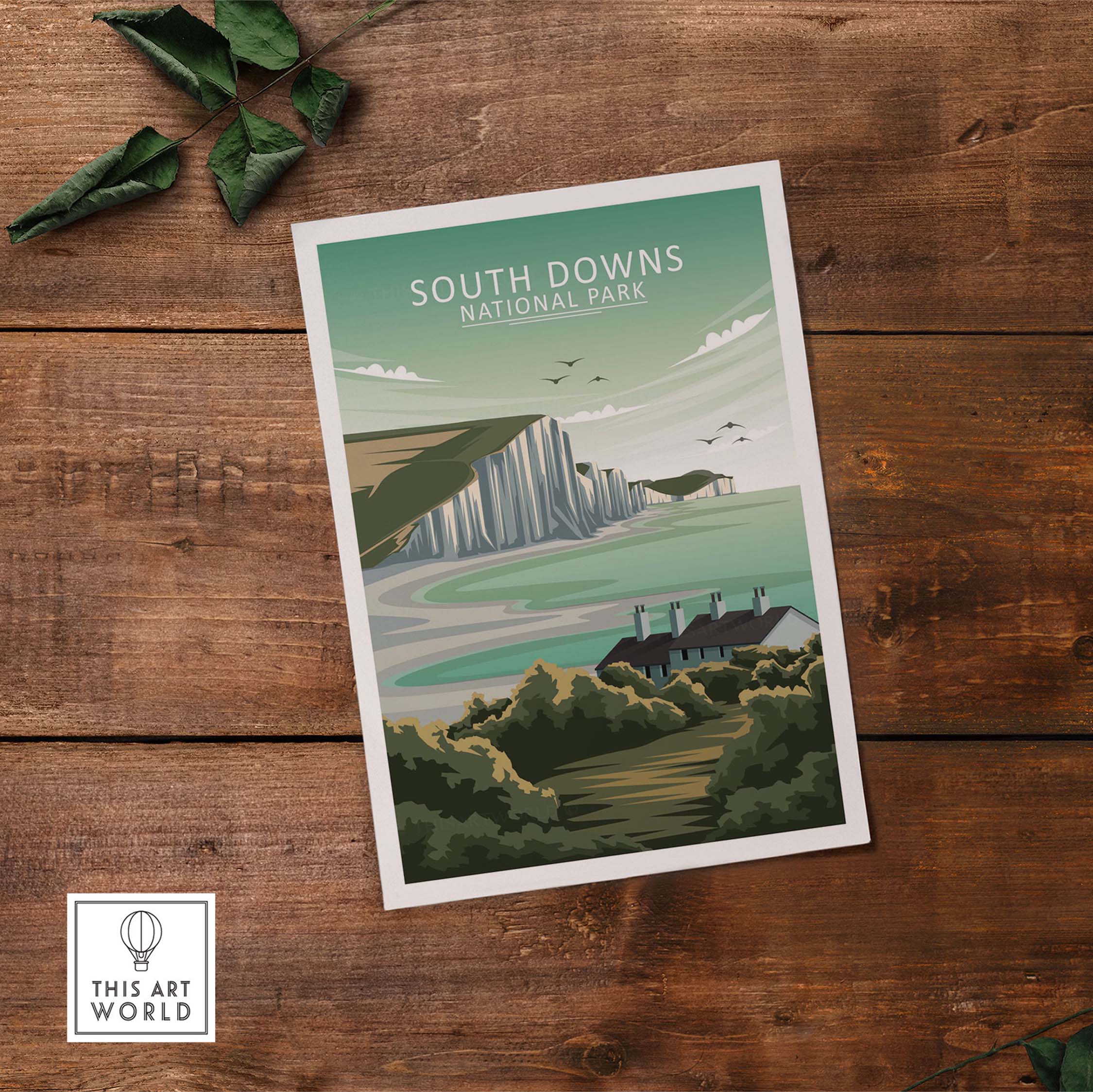 South Downs National Park poster featuring cliffs, sea, and greenery in a minimalist design