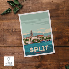Split Croatia print poster featuring coastal scenery and vintage design, perfect for home or office decor.