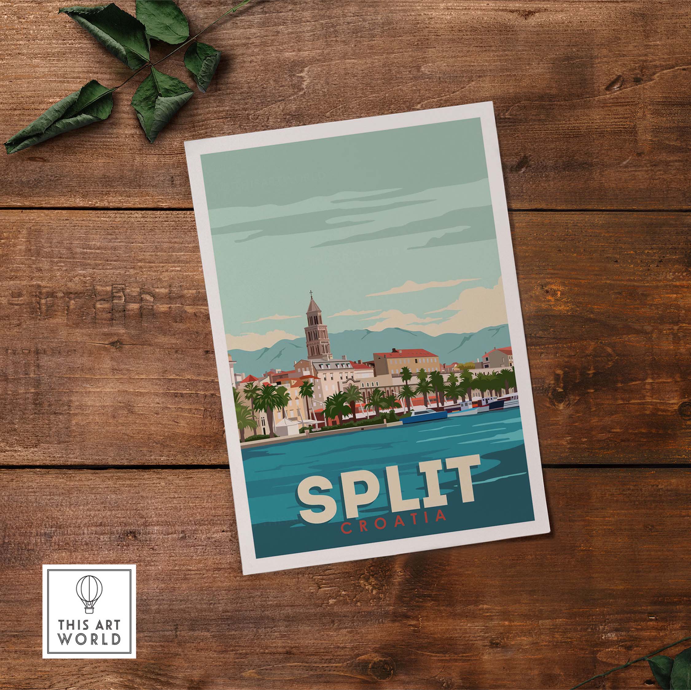 Split Croatia print poster featuring coastal scenery and vintage design, perfect for home or office decor.