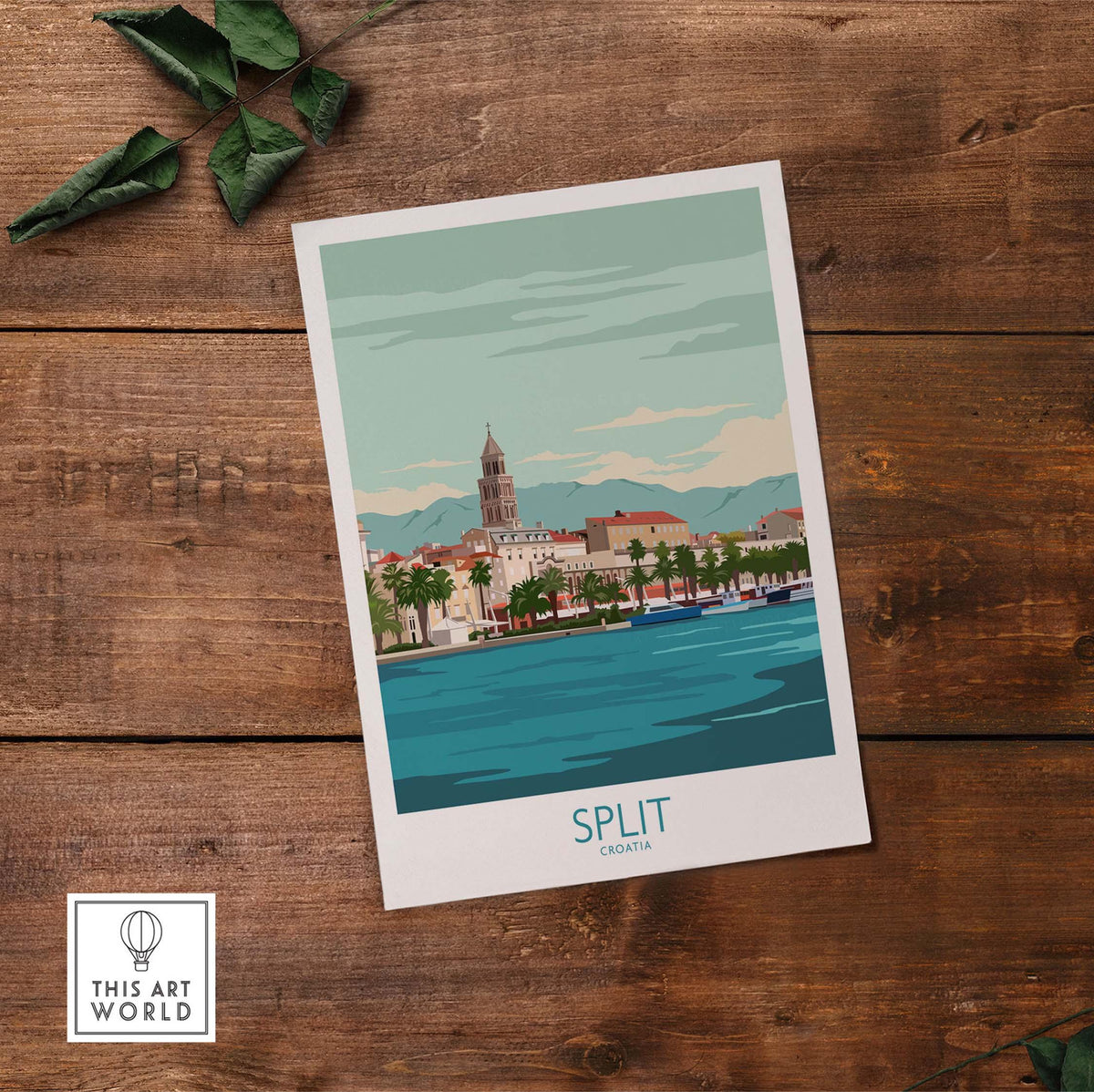 Split Croatia vintage travel poster print featuring the coastal city and mountains.