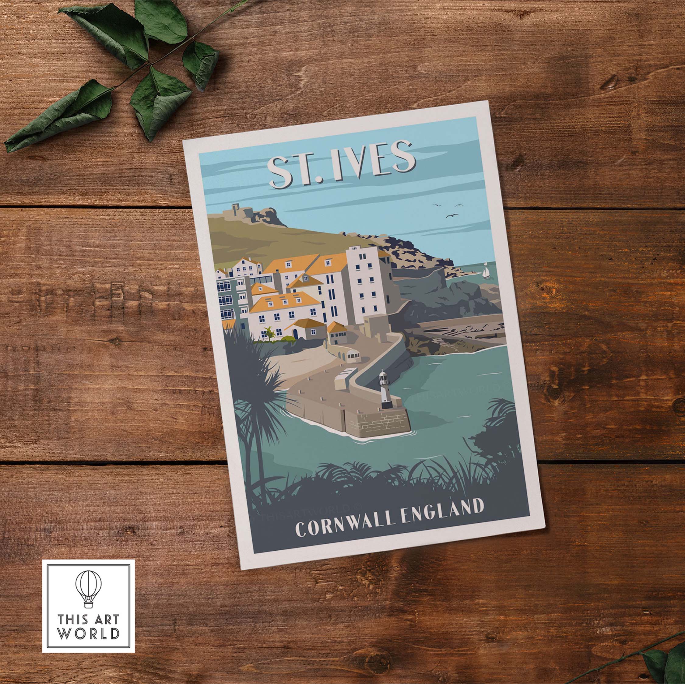 St Ives Poster Cornwall Print showcasing a minimalist design inspired by vintage travel art, perfect for home decor.