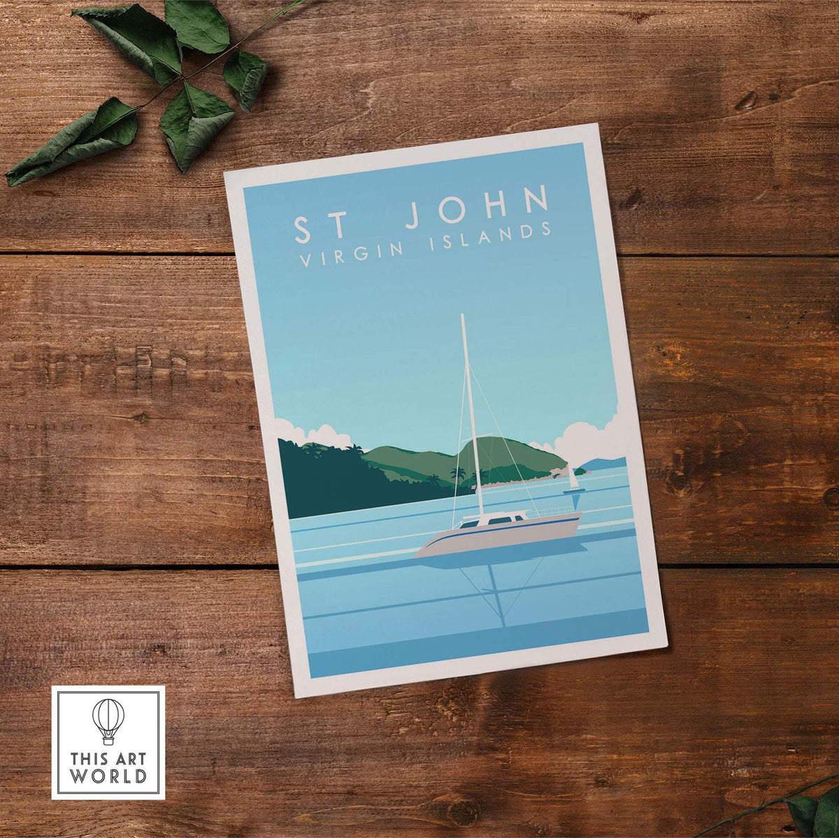 St John Virgin Islands travel poster featuring a serene sailboat on a calm sea with lush hills in the background.