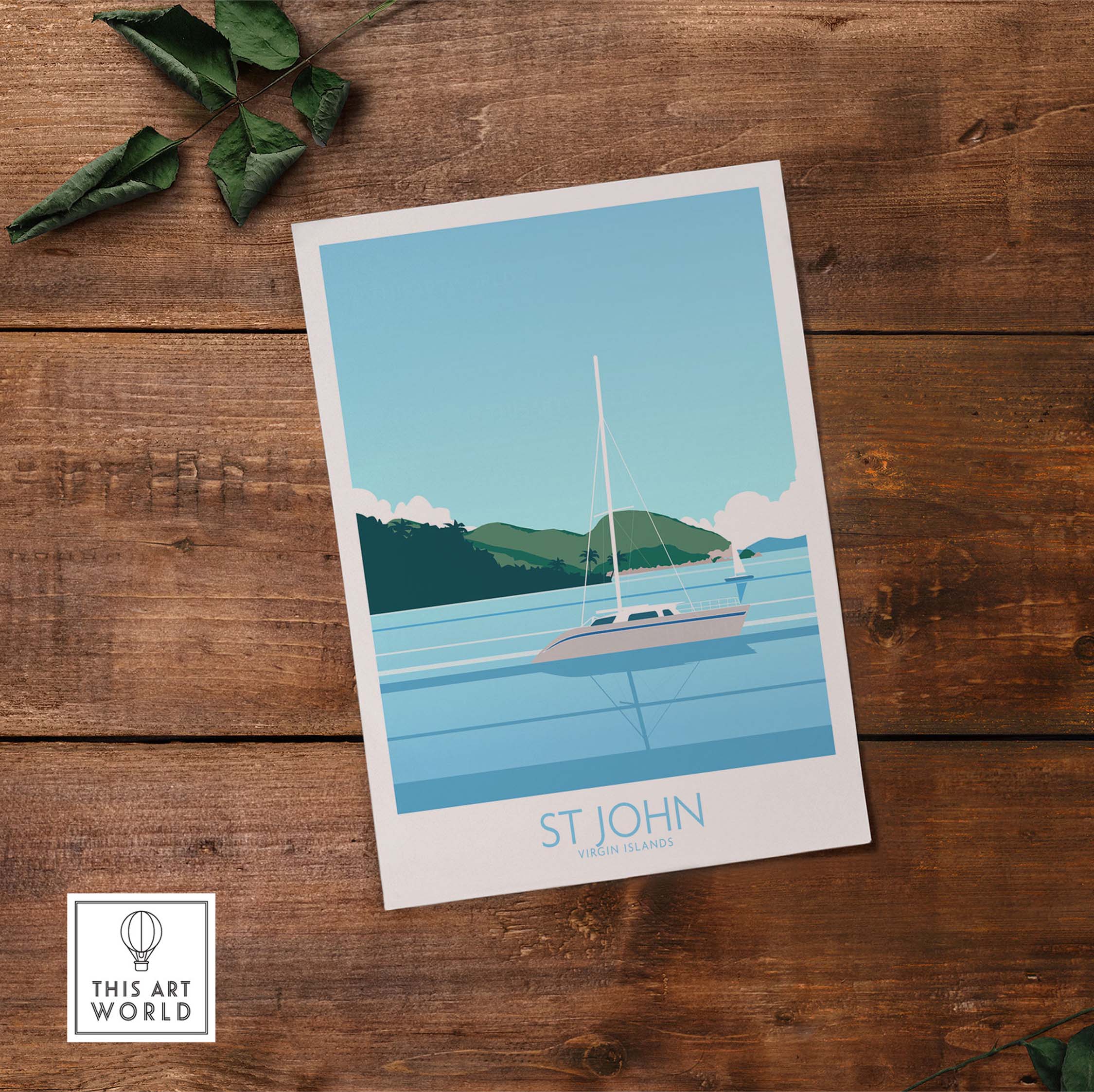 Virgin Islands poster print featuring St John, a sailboat on calm waters, vintage travel style wall art.