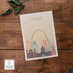 St Louis City Skyline Wall Art Print featuring iconic architecture and pastel colors on a wooden background.