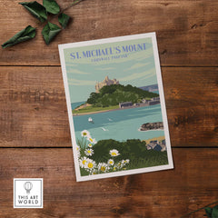 St Michael's Mount Print Cornwall, vintage style travel poster with coastal scenery and flowers.