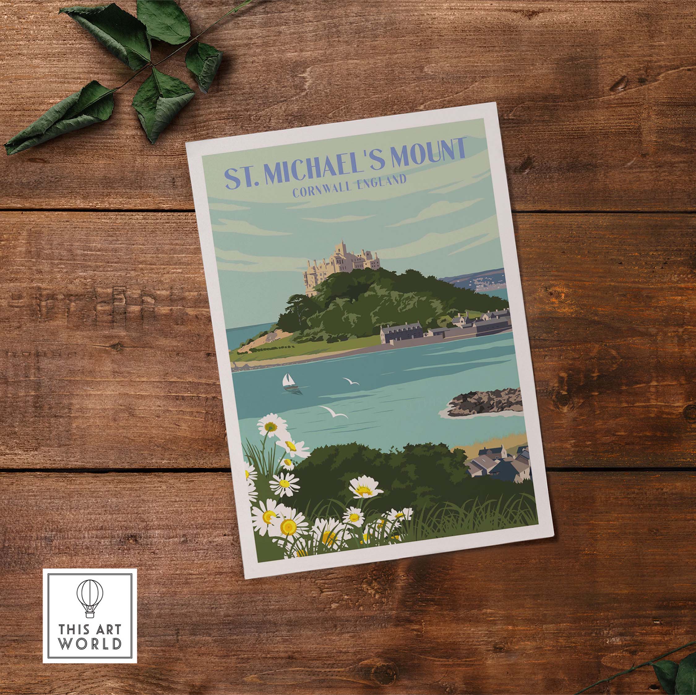 St Michael's Mount Print Cornwall, vintage style travel poster with coastal scenery and flowers.