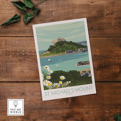 Vintage-style Cornwall print of St Michael's Mount with coastal scenery and daisies, perfect for home decor.